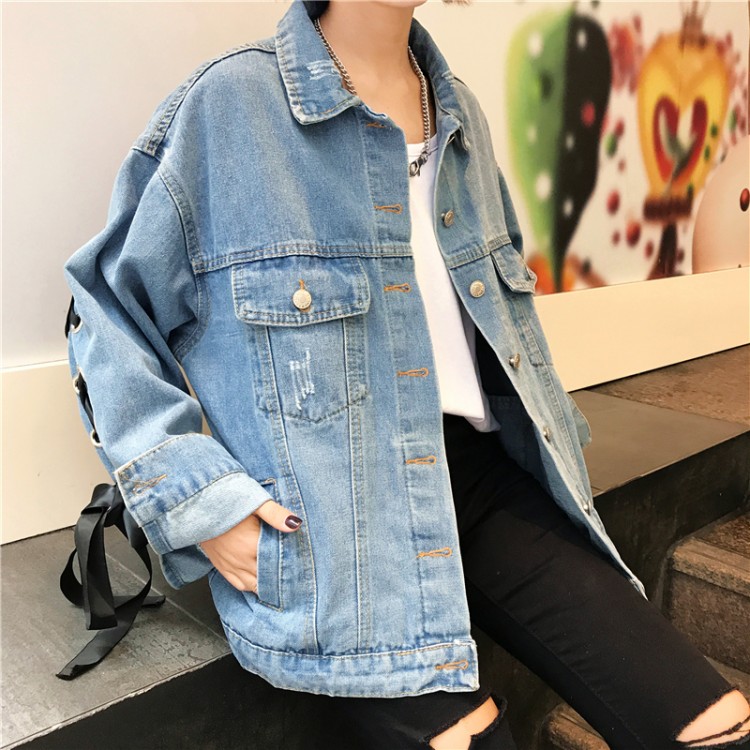 1765 college style personality loose ribbon belt denim jacket