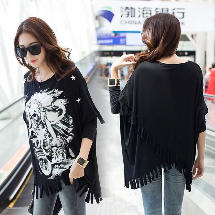 J41331 Skull print tassel hem loose T-shirt