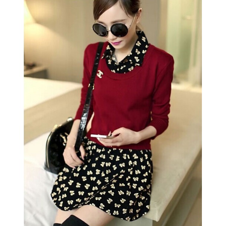 J41448 Long sleeve fake two piece shivering dress red