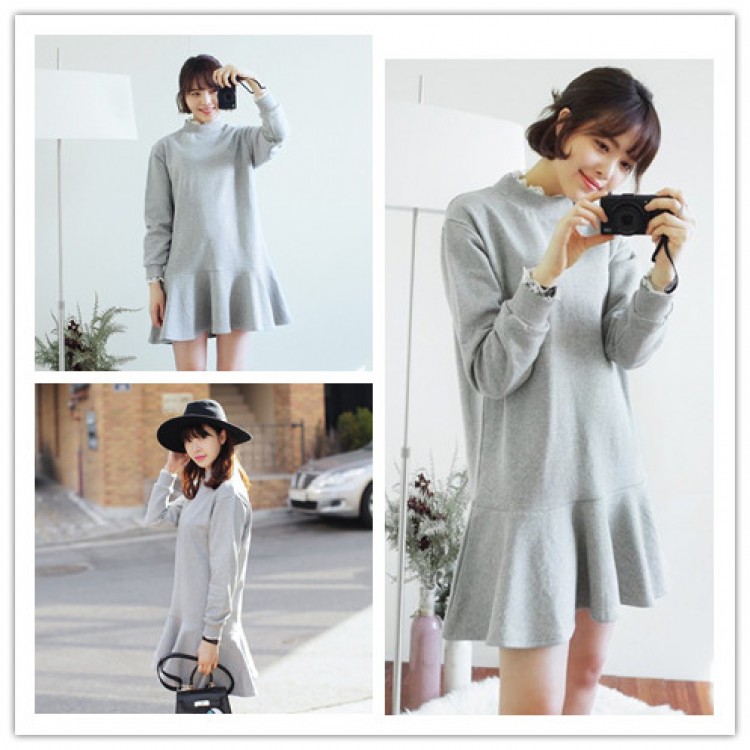 TE1412GJWL Autumn Korean fashion lace collar long sleeve dress