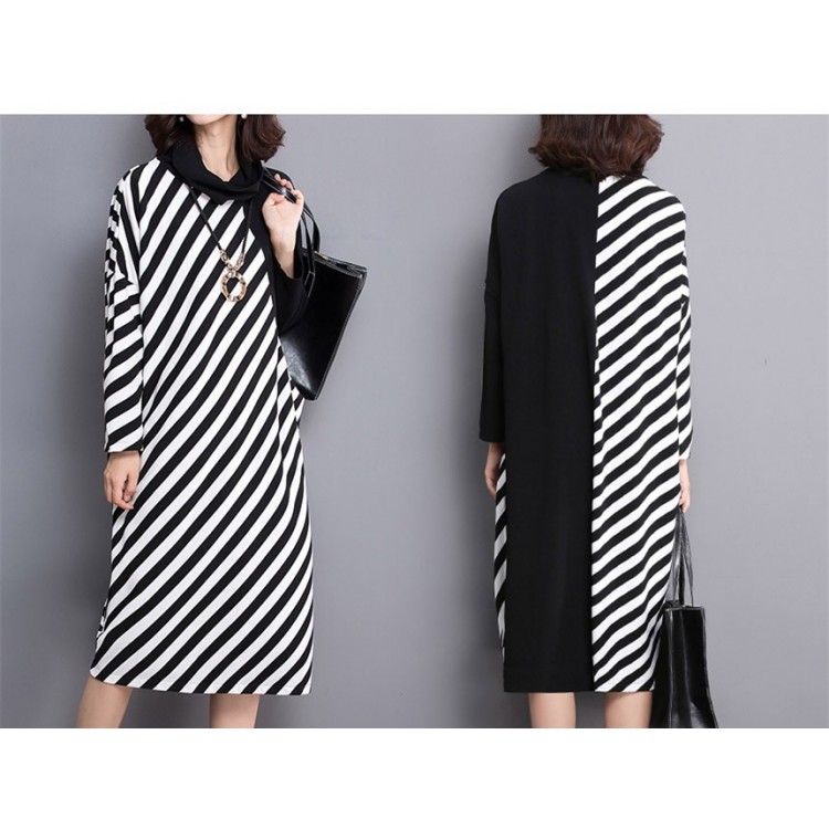 TE1566GJWL Plus size stripes splicing stand collar dress