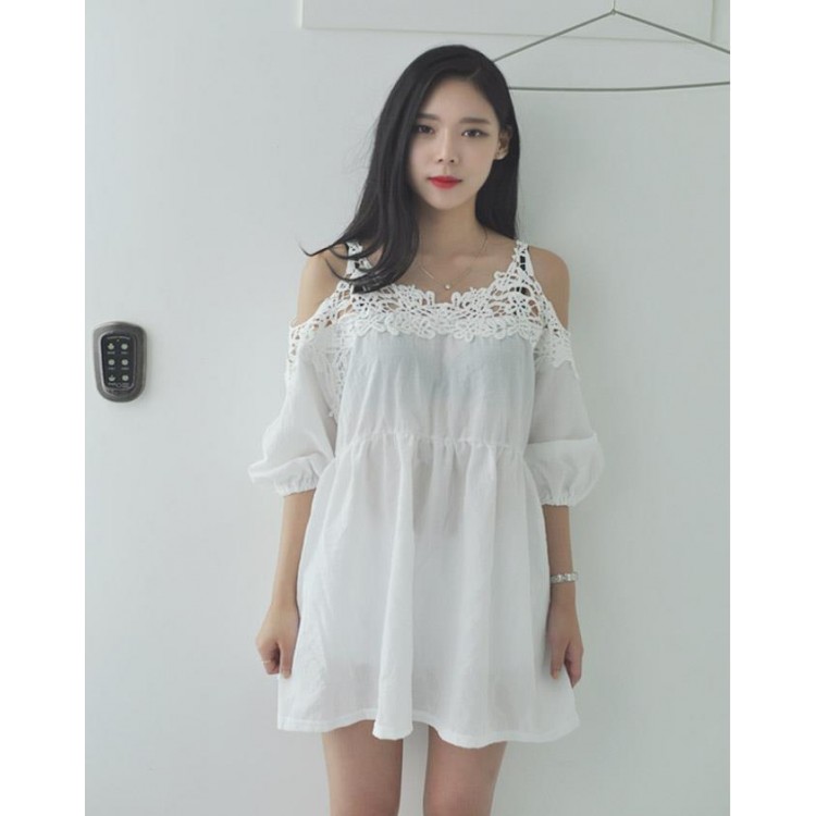 TE1613TGFS Korean fashion lace off shoulder casual loose large size blouse