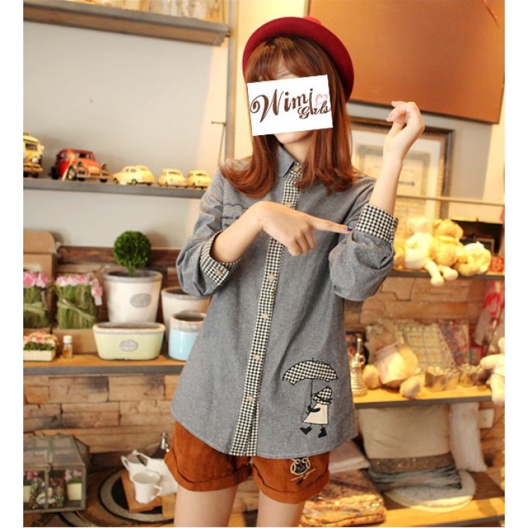 TE6266MQZ Japanese preppy style embroidery check sleeve shirt