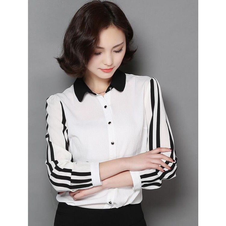 TE9071YFND Korean style stripes sleeve slim blouse