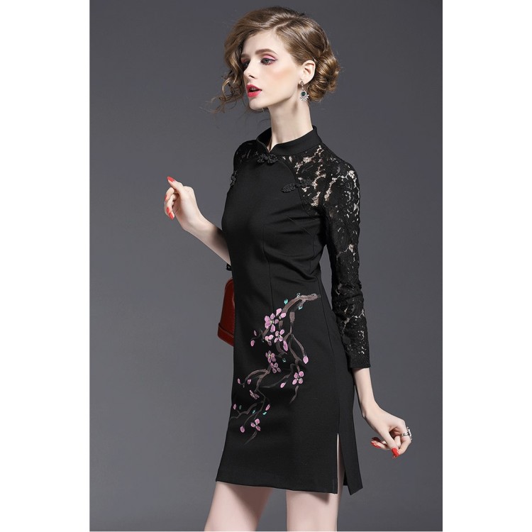 TE9641LLYG New style chinese collar lace splicing plum blossom print dress