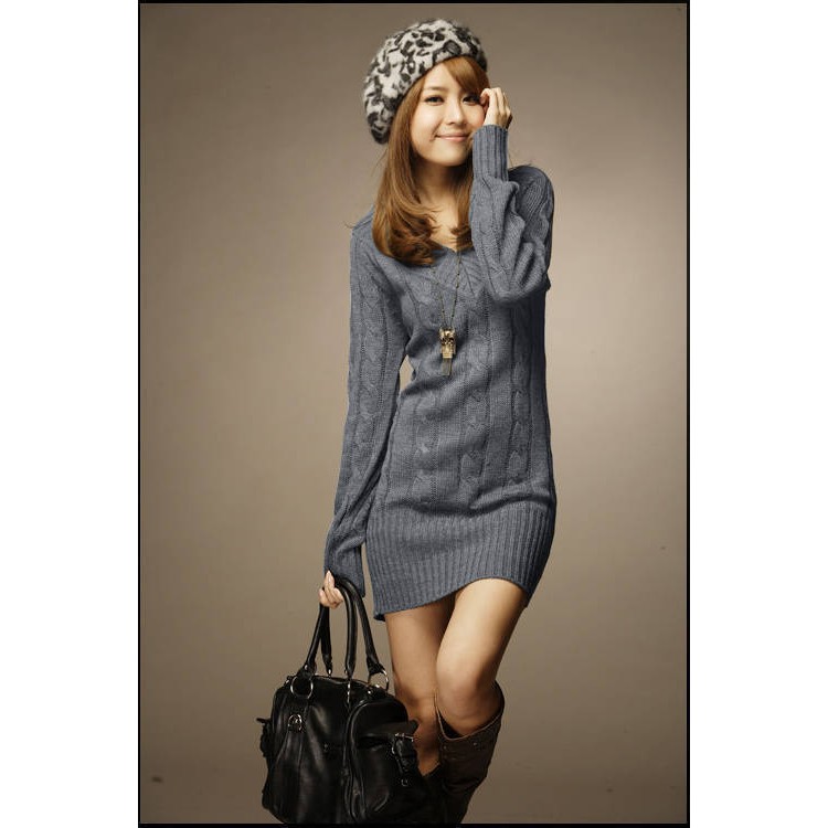 6489 Korean fashion twist braid V-neck long sweater